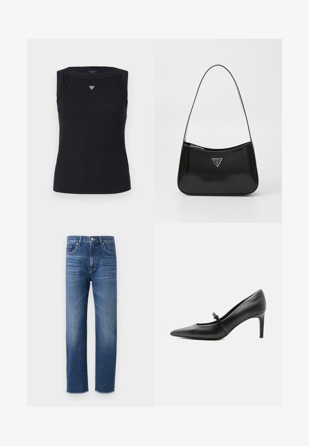 Zwarte mouwloze top van katoen, met een boot hals en een klein kristallen driehoekig logo op de borst. Glad materiaal.; Blauwe denim jeans met een recht gesneden ontwerp, voorzien van een vervaagde afwerking, vijf zakken en een rafelige zoom.; Zwarte leren pumps met puntige neus, dunne riem en gesp over de wreef, staand op een neutrale lichte achtergrond.; Zwarte lakleren schoudertas met een gebogen vorm, voorzien van een zilveren driehoeklogo en een ritssluiting. Gladde textuur en slanke schouderband.
