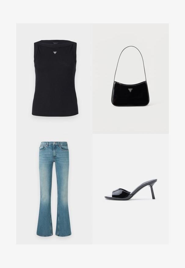 Zwarte mouwloze top van katoen, met een boot hals en een klein kristallen driehoekig logo op de borst. Glad materiaal.; Uitlopende blauwe denim jeans met een lichte wassing, vijf zakken, gestikte details en een tailleband met een knoop en rits sluiting.; Zwarte lakleren open-teen sandalen met hak, met een gebogen bovenkant ontwerp en een taps toelopende naaldhak. Gladde glanzende afwerking.; Zwarte schoudertas van lakleer met een smalle band, driehoekig Guess-logo aan de voorkant en een ritssluiting bovenaan.