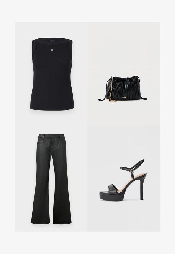 Zwarte mouwloze top van katoen, met een boot hals en een klein kristallen driehoekig logo op de borst. Glad materiaal.; Zwarte flare jeans van denim met een soepele textuur, standaard taille, vijf zakken en een knoopsluiting.; Zwarte platformsandalen met een hoge naaldhak, voorzien van een glad leren bovenkant, een peep-toe ontwerp en een verstelbare enkelriem met beslag.; Zwarte plissé leren handtas met trekkoord, gouden kettingriem en een klein horizontaal gouden accent aan de voorkant.