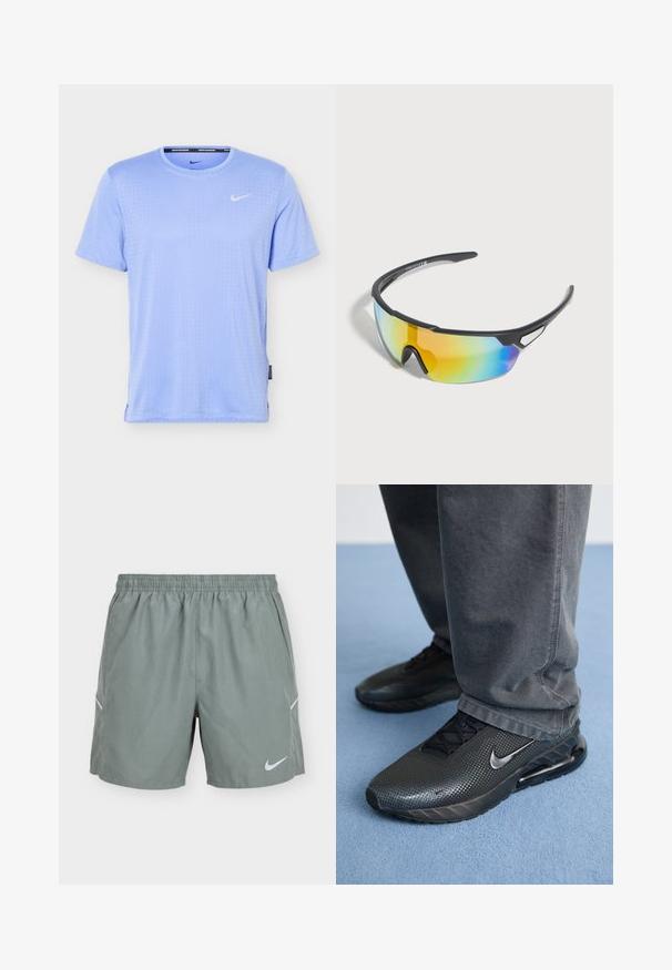 T-shirt de course Nike bleu clair à manches courtes avec une texture subtile en points et un petit logo Nike blanc sur la poitrine gauche.; Short de sport gris clair avec taille élastique, panneaux de ventilation latéraux et logo Nike blanc sur la partie inférieure de la jambe droite.; Des chaussures de sport Nike noires avec un dessus texturé, des détails perforés et une unité de coussin d'air visible, associées à un pantalon gris.; Lunettes de soleil de sport noires avec verres teintés arc-en-ciel enveloppants et monture légère, conçues pour les activités de plein air.