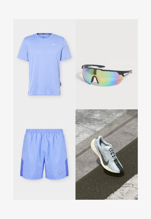 T-shirt de course Nike bleu clair à manches courtes avec une texture subtile en points et un petit logo Nike blanc sur la poitrine gauche.; Shorts de sport bleu clair avec taille élastique, panneaux latéraux en mesh et un petit logo réfléchissant Nike sur la jambe gauche.; Baskets de course bleu clair avec un accent gris, tige en mesh et semelle intermédiaire crème. Présente un logo swoosh noir bien visible et une semelle texturée.; Lunettes de sport à monture noire avec une grande lentille unique teintée arc-en-ciel et des branches ventilées reposant sur une surface claire.