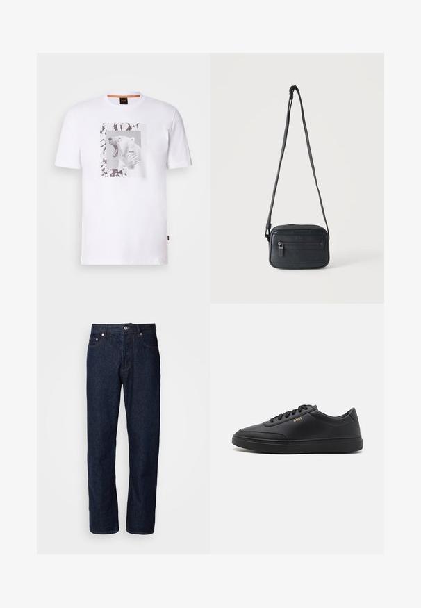 Witte katoenen t-shirt met een afbeelding van een brullende ijsbeer binnen een rechthoekig kader,Accentueerd door abstracte zwarte en grijze patronen.; Donkerblauwe denim jeans met een rechte pijp, voorzien van vijf zakken, een knoopsluiting en subtiele stikselaccenten.; Zwarte leren sneakers met een gladde textuur, ronde neus, platte rubberen zool en tonale veters. Kenmerkt zich door de gouden "BOSS" branding aan de zijkant.; Zwarte crossbodytas met een voorvak met rits, een gestructureerd oppervlak en een verstelbare band, hangend tegen een effen lichte achtergrond.