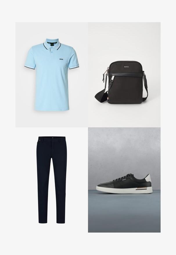Lichtblauw poloshirt van katoen, voorzien van een klassieke kraag, een twee-knopen knoopsluiting en contrasterende zwart-wit gestreepte accenten op de mouwen.; Marineblauwe broek van gladde stof, met een slim fit, riemlussen en een verborgen ritssluiting. Er zijn geen opvallende patronen of accenten aanwezig.; Zwarte leren sneaker met witte zool, voorzien van perforaties, vetersluiting, logo aan de zijkant en contrasterend hieldetail in wit en bruin.; Zwarte schoudertas van textuurstof, met logo aan de voorkant, ritssluiting en verstelbare schouderband. Voorzien van een gladde leren rand.