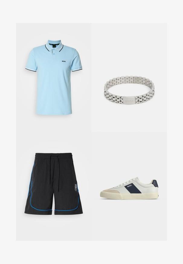 Polo shirt bleu clair en coton, avec un col classique, une patte de boutonnage à deux boutons et des accents de rayures contrastantes noir et blanc sur les manches.; Shorts de bain noirs avec taille à cordon de serrage, présentant un piping bleu le long des coutures et un logo sur la cuisse gauche. Tissu léger.; Baskets basses blanches avec bout beige, bande latérale bleu marine marquée BOSS, lacets blancs et semelle en caoutchouc sur fond neutre.; Bracelet en acier inoxydable argenté avec un design à maillons, doté d'un fermoir gravé avec "BOSS". Fini lisse et poli avec des bords arrondis.