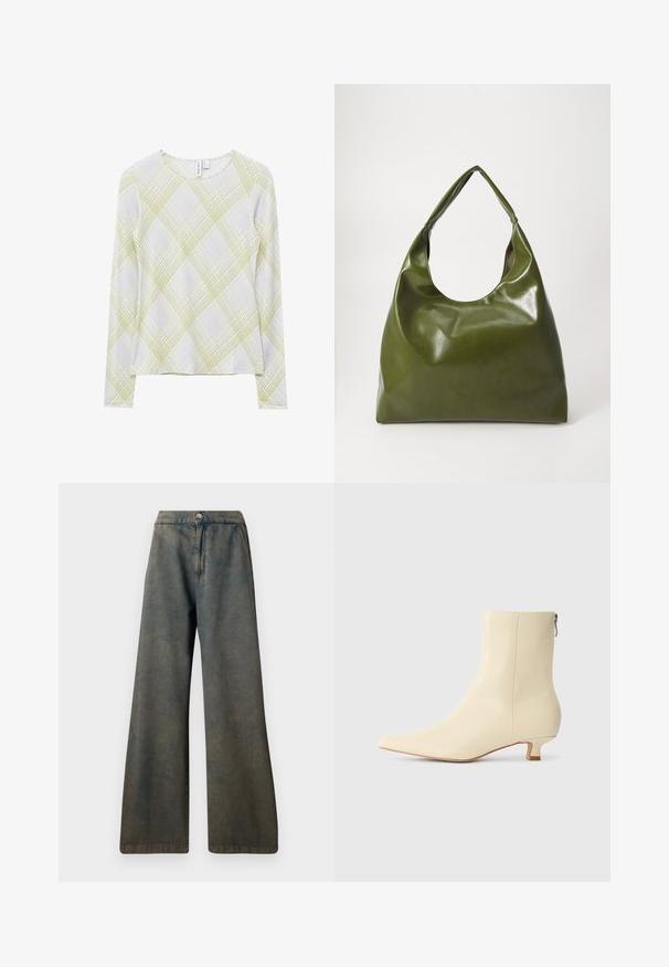 Hvid langærmet top med rund hals, der har et gult og lysegråt krydsmønster, som skaber et diamantgitterdesign.; Mørkeblå vide jeans med høj talje, med lukkning foran med knapper og en diskret tekstur. Stoffet ser let falmet ud.; Beige ankelstøvle i glat læder, spidst tåparti, kort blokhæl og en sidelukning med lynlås for nem påtagning.; Grøn læder hobo taske med en slouchy design, buet håndtag og glat tekstur. Indeholder ingen synlig hardware eller accenter.