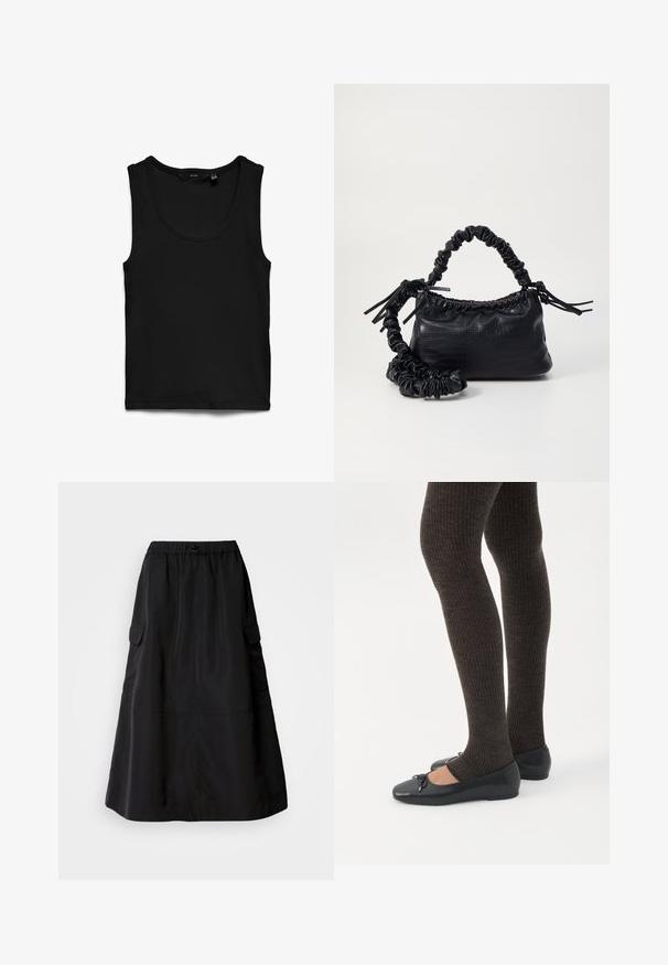 Camiseta sin mangas negra acanalada con escote redondo, colocada plana sobre fondo blanco.; Falda negra de corte holgado, hecha de una tela suave. Cuenta con una cinturilla elástica y dos bolsillos cargo laterales. Diseño de longitud media.; Piernas con leggings oscuros acanalados combinados con bailarinas negras que presentan pequeños detalles de lazo sobre un fondo blanco.; Bolso de mano de imitación cuero negro con textura de cocodrilo, parte superior fruncida y correa arrugada. Presenta un diseño suave y compacto.