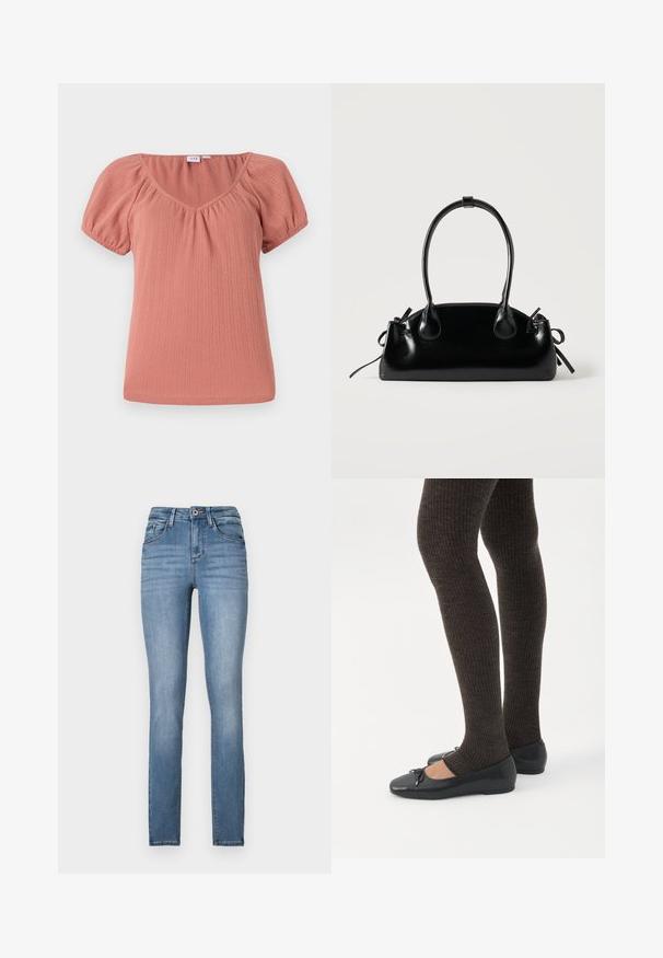 Lyserød top med V-hals og puffærmer. Lavet af ribbet stof, der har en subtil tekstur og en afslappet pasform. Glat, let materiale.; Lyseblå denim skinny jeans med høj talje, fem lommer, diskret slidmærker og kontrasterende syninger.; Ben iført mørke ribbede leggings kombineret med sorte balletsko med små sløjfedetaljer på hvid baggrund.; Lille sort blank håndtaske med to lange håndtag og snøre-detaljer i siden på en ensfarvet lys baggrund.