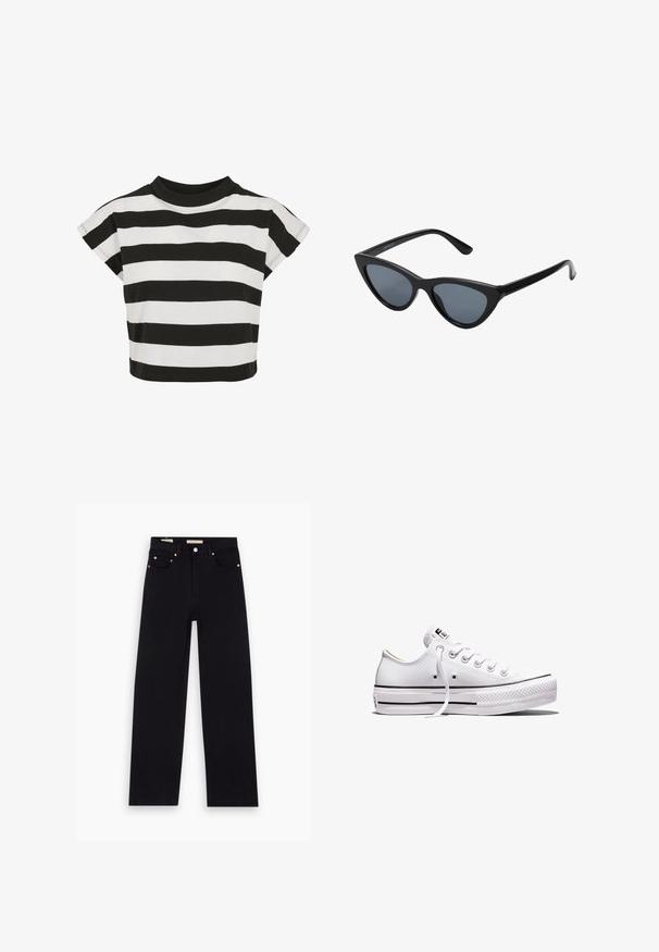 Haut court rayé noir et blanc avec un col rond et des manches courtes, en coton doux.; Jean en denim noir avec une coupe droite, cinq poches, matériel en cuivre et texture lisse. Deux étiquettes visibles sur la taille.; Baskets basses en toile blanche avec lacets blancs, semelle en caoutchouc, détails à rayures noires, et écusson logo sur la languette et le talon.; Lunettes de soleil noires en forme d'œil de chat avec des verres gris foncé, monture en plastique élégante, coins pointus et branches droites. Pas de métal visible ni d'accents.