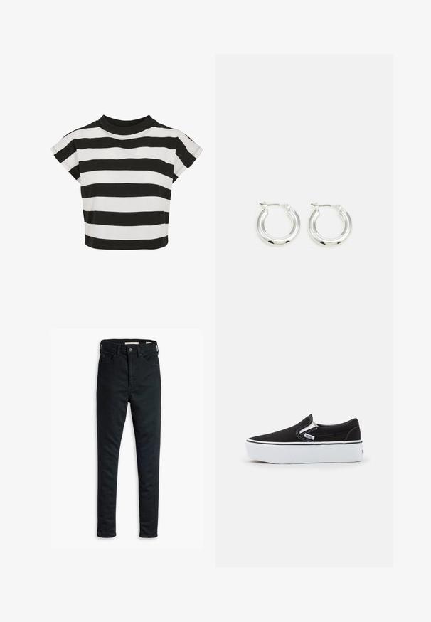 Sort og hvid stribet crop top med rund halsudskæring og korte, capærmer; lavet af blødt bomuldsstof.; Sorte slim-fit jeans med frontknap og lynlås, bælteløkker samt for- og baglommer, præsenteret på en hvid baggrund.; Sorte canvas slip-on sko med en hvid gummi sål, der har elastiske sidelåg og kontrasterende syninger. Brandlogo synligt på siden.; Sølv hoop-øreringe med en poleret finish, der har en cirkulær form og en hængslet lukning. Glat tekstur med minimal detaljering.