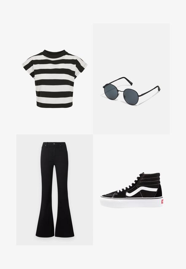 Zwart-witte gestreepte crop top met een ronde halslijn en korte, kapmouwen; gemaakt van zacht katoenmateriaal.; Zwarte high-waist flare jeans met knoopsluiting aan de voorkant en zakken, getoond op een witte achtergrond.; Zwarte high-top sneakers met witte veters, een wit logo en contrasterende witte stiksels. Heeft een dikke witte zool en een bovenwerk van gestructureerd suede.; Zwarte metaalachtige zonnebril met ronde glazen, donker getint, slanke armen en verstelbare neussteunen, met een minimalistisch ontwerp en zonder zichtbare branding.