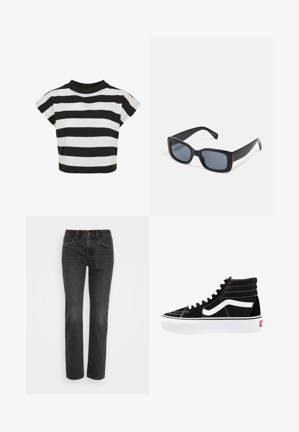 Μαύρο και άσπρο ριγέ crop top με στρογγυλή λαιμόκοψη και κοντά μανίκια τύπου cap; φτιαγμένο από μαλακό βαμβακερό υλικό.; Μαύρα τζιν παντελόνια με ίσια γραμμή, διαθέτουν κλασικό σχέδιο πέντε τσεπών, φερμουάρ και αντίθετη ραφή κατά μήκος των ραφών.; Μαύρα ψηλά αθλητικά παπούτσια με λευκές κορδόνες, λευκό λογότυπο και αντίθετη λευκή ραφή. Διαθέτουν παχιά λευκή σόλα και υφή από σουέντ.; Μαύρα ορθογώνια γυαλιά ηλίου με σκούρους φακούς, χοντρό πλαστικό σκελετό και φαρδιές βραχίονες. Λείος επιφάνεια και γωνιακό σχέδιο.