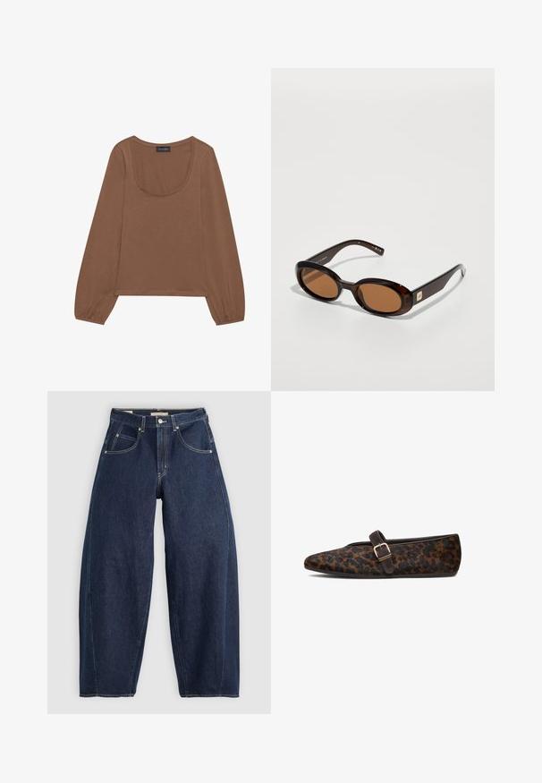 Bruine long-sleeve top met een ronde halslijn en geplooide mouwen. Gemaakt van een zachte stof met een gladde textuur.; Donkerblauwe denim jeans met een losse fit, lichte stiksels, vijf zakken en een knoopsluiting op de taille.; Leopardprint platte schoenen van bont met een spitse neus, voorzien van een donkerbruine accentriem en een metalen gespdetails. Rond hiel.; Bruine schildpadzonnebril met ovale lenzen, met een dunne montuur en een kleine metalen accent aan de zijkant. Geverfd en gepolijst afwerking.