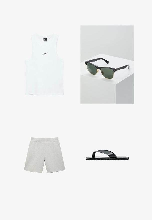 Débardeur blanc côtelé sans manches avec petit logo noir centré sur la poitrine et étiquette noire à l'intérieur du col.; Shorts décontractés gris clair avec ceinture élastique et poches latérales, présentés à plat sur un fond blanc.; Sandale tongs plates noires avec une large bride d’orteil et une semelle texturée, vue de profil sur fond blanc.; Lunettes de soleil Ray-Ban avec des verres verts, monture en plastique noir et accents dorés sur les bords. Forme carrée avec une finition mate.