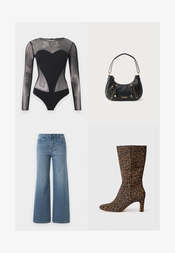 Musta läpinäkyvä pitkähihainen bodysuit, jossa on läpinäkymätön sydämenmuotoinen pääntie ja etupaneeli, haarakiinnitys napeilla sekä verkkokangas hihoissa ja sivuilla.; Vaaleansiniset leveät farkut, joissa on korkea vyötärö, napin ja vetoketjun suljenta sekä etupocketit.; Leopardkuvioinen nilkkuri ruskeana ja mustana, jossa on terävä kärki ja lohkare korko, valmistettu teksturoidusta kankaasta.; Musta nahkainen olkalaukku, jossa on kaksi pystysuoraa kultaväristä vetoketjua ja edessä kultainen "LOVE MOSCHINO" -logo.