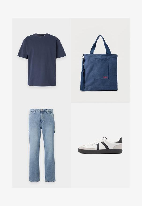 Navyblauwe katoenen T-shirt met een ronde halslijn en korte mouwen. Gladde textuur, rechte snit en minimale naden, wat zorgt voor een klassiek ontwerp.; Lichtblauwe denim cargobroek met rechte benen, vijf zakken en een knoopsluiting. Heeft zijzakken en een casual, ontspannen pasvorm.; Witte sneaker met zwarte en grijze accenten, voorzien van een grijze neus met textuur, zwarte rubberen zool en platte witte veters. Schoon ontwerp, minimalistische stijl.; Blauwe canvas tas met voorvak en rode "O.N.S" borduring, voorzien van dubbele handvatten en een verstelbare schouderriem.