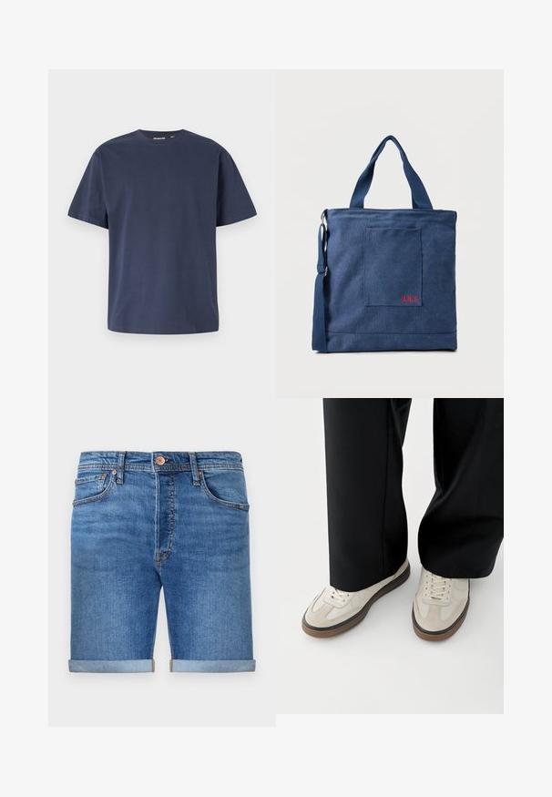 Mørkeblå bomulds T-shirt med rund halsudskæring og korte ærmer. Glat tekstur, lige snit og minimale sømme, hvilket giver et klassisk design.; Denim shorts i en mellemmel tone med opkrøllede manchetter, fem-lomme design, messingknaplukning og kontraststing.; Fødder iført beige sneakers med brune såler og sorte bukser med vide ben på hvid baggrund.; Blå lærredstote taske med frontlomme og rød "O.N.S" broderi, med to håndtag og en justerbar skulderrem.