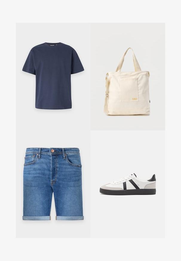 Marineblaue Baumwoll-T-Shirt mit Rundhalsausschnitt und kurzen Ärmeln. Glatte Textur, gerader Schnitt und minimale Nähte, die ein klassisches Design bieten.; Denim-Shorts in einem mittleren Blauton mit umgeschlagenen Säumen, Fünf-Taschen-Design, Messingknopfverschluss und kontrastierenden Nähten.; Weiße Sneaker mit schwarz- und grau-aczenten, ausgestattet mit einer strukturierten grauen Zehenkappe, schwarzer Gummi-Sohle und flachen weißen Schnürsenkeln. Sauberes Design, minimalistische Stil.; Beige Canvas-Shopper mit Fronttasche, zwei Griffen, verstellbarem Schulterriemen und kleinem gelbem "O.N.S"-Text unten rechts auf der Tasche.
