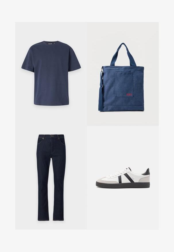 Navyblauwe katoenen T-shirt met een ronde halslijn en korte mouwen. Gladde textuur, rechte snit en minimale naden, wat zorgt voor een klassiek ontwerp.; Donkerblauwe rechte denim jeans met voorzakken, riemlussen en knoopsluiting.; Witte sneaker met zwarte en grijze accenten, voorzien van een grijze neus met textuur, zwarte rubberen zool en platte witte veters. Schoon ontwerp, minimalistische stijl.; Blauwe canvas tas met voorvak en rode "O.N.S" borduring, voorzien van dubbele handvatten en een verstelbare schouderriem.