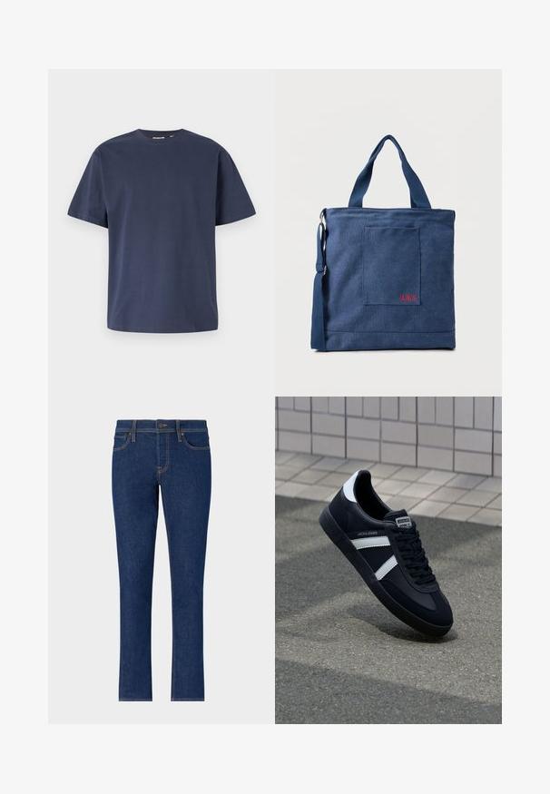 Navyblauwe katoenen T-shirt met een ronde halslijn en korte mouwen. Gladde textuur, rechte snit en minimale naden, wat zorgt voor een klassiek ontwerp.; Donkerblauwe denim jeans met een recht model, voorzien van subtiele stiksels, vijf zakken en een knoopsluiting bij de taille.; Zwarte leren sneaker met witte strepen, een gestructureerde rubberen zool en vetersluiting aan de voorkant. Voorzien van een merklabel op de tong.; Blauwe canvas tas met voorvak en rode "O.N.S" borduring, voorzien van dubbele handvatten en een verstelbare schouderriem.