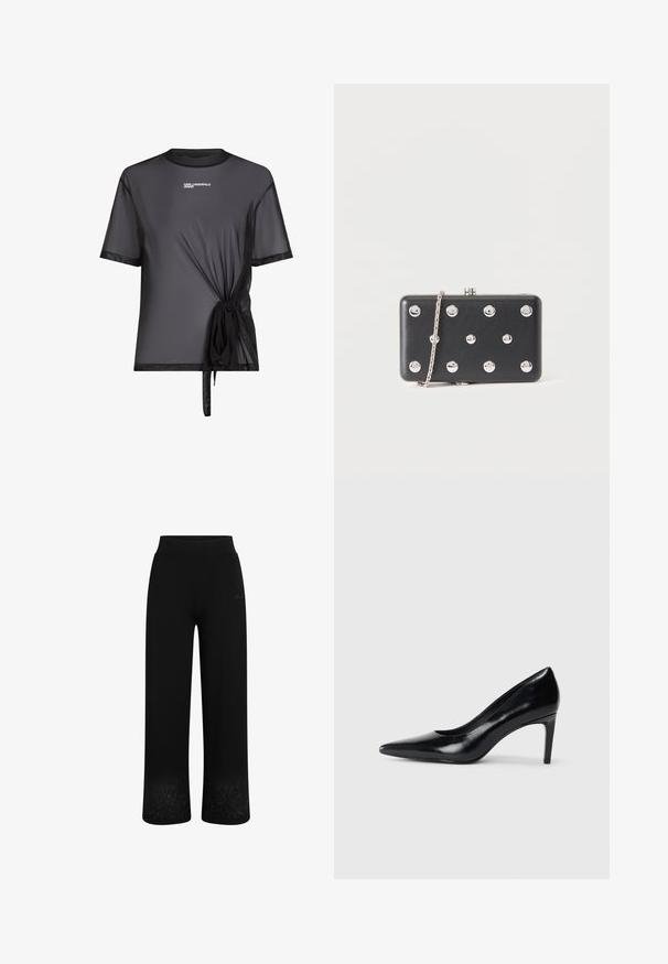 Camiseta negra de manga corta en malla con el logo "Karl Lagerfeld Jeans" y detalle de tela fruncida atada en un lazo en la parte inferior derecha.; Pantalones de chándal negros con un diseño de pierna ancha, cintura elástica y bordado floral en el dobladillo. Fabricados con una tela suave y elástica.; Zapato de tacón alto de cuero negro con punta afilada, textura suave y tacón en forma de cono. Diseño minimalista, sin adornos adicionales.; Bolso clutch rectangular negro con tachuelas redondas plateadas y una delgada cadena plateada como correa sobre un fondo blanco liso.