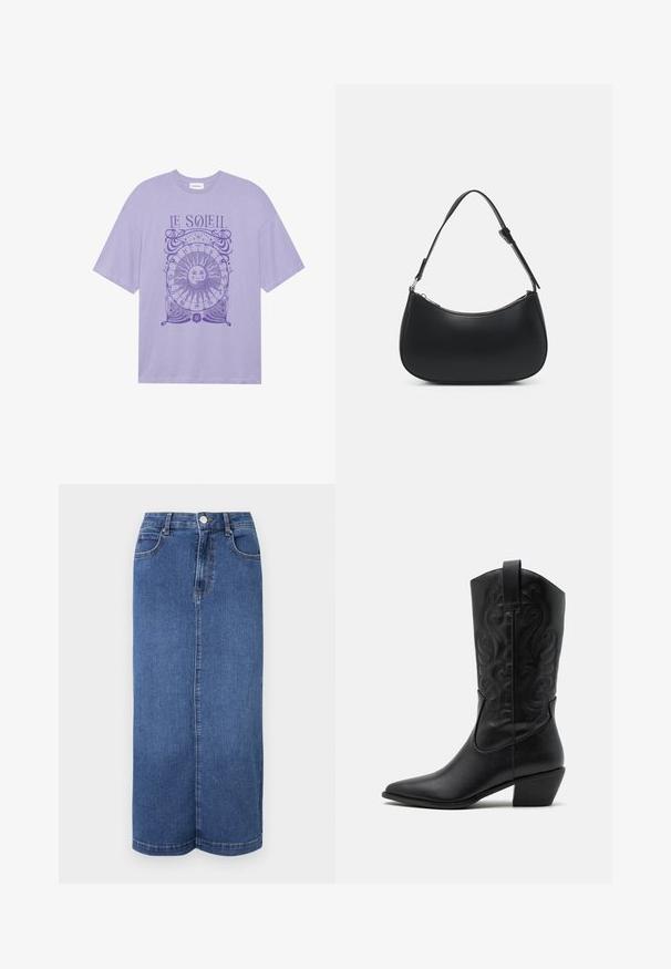 Paars katoenen t-shirt met korte mouwen, met een cirkelvormige zonafbeelding en de tekst "LE SOLEIL" in paarse inkt aan de voorkant.; Denim maxi rok in donkerblauw, met een rechte snit, een tailleband met knoopsluiting en minimale stikdetails.; Zwarte leren cowboylaars met een spitse neus, gegraveerde draaiende patronen en een halfhoge hak. Voorzien van een trekhaak voor gemakkelijk aan- en uittrekken.; Pieces PCALUANA SHOULDER BAG - Handtas - black