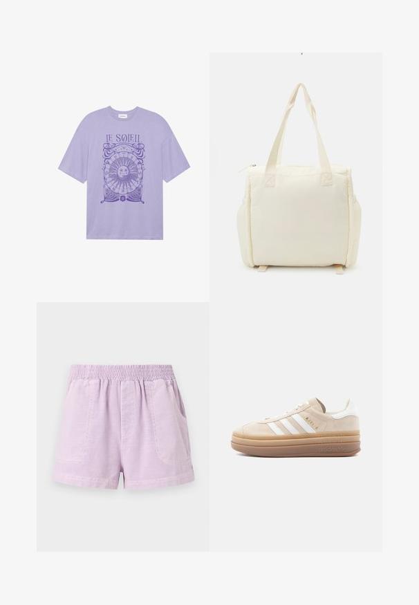 T-shirt en coton violet à manches courtes, présentant un graphique circulaire de soleil et le texte "LE SOLEIL" en encre violette sur le devant.; Shorts lilas en tissu léger avec une taille élastique, dotés de deux poches avant et d'une coupe décontractée.; Baskets en daim beige avec accents en cuir blanc, présentant trois rayures blanches, un logo doré et une semelle en caoutchouc épaisse et translucide.; Sac fourre-tout de couleur crème avec une texture douce et matelassée et deux poignées solides. Il dispose d'une fermeture éclair et de poches latérales pour un rangement supplémentaire.