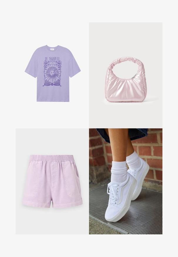 Lilla bomulds T-shirt med korte ærmer, der har et cirkulært solgrafik og teksten "LE SOLEIL" i lilla blæk på forsiden.; Lilla shorts lavet af letvægtsstof med elastisk talje, der har to frontlommer og en afslappet pasform.; Hvide lærreds sneakers med gummisåler, der har seks snørehuller, rund tå og let sømdetaljer, krydret med hvide ankelstrømper.; Rosa, polstret håndtaske med afrundet design, lavet af skinnende materiale. Har et samlet håndtag og en lynlås til sikker adgang.