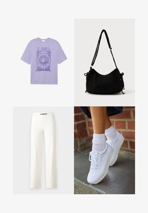 Paars katoenen t-shirt met korte mouwen, met een cirkelvormige zonafbeelding en de tekst "LE SOLEIL" in paarse inkt aan de voorkant.; Witte katoenen wijde broek met een gladde textuur, voorzien van een zwarte logoband en een eenvoudig, minimalistisch ontwerp.; Witte canvas sneakers met rubberen zolen, voorzien van zes vetertjes, een ronde neus en lichte stikdetails, gecombineerd met witte enkelsokken.; Zwarte corduroy schoudertas met een gebogen vorm, een verstelbare schouderband en trekkoordsluitingen aan beide zijkanten voor maataanpassing.