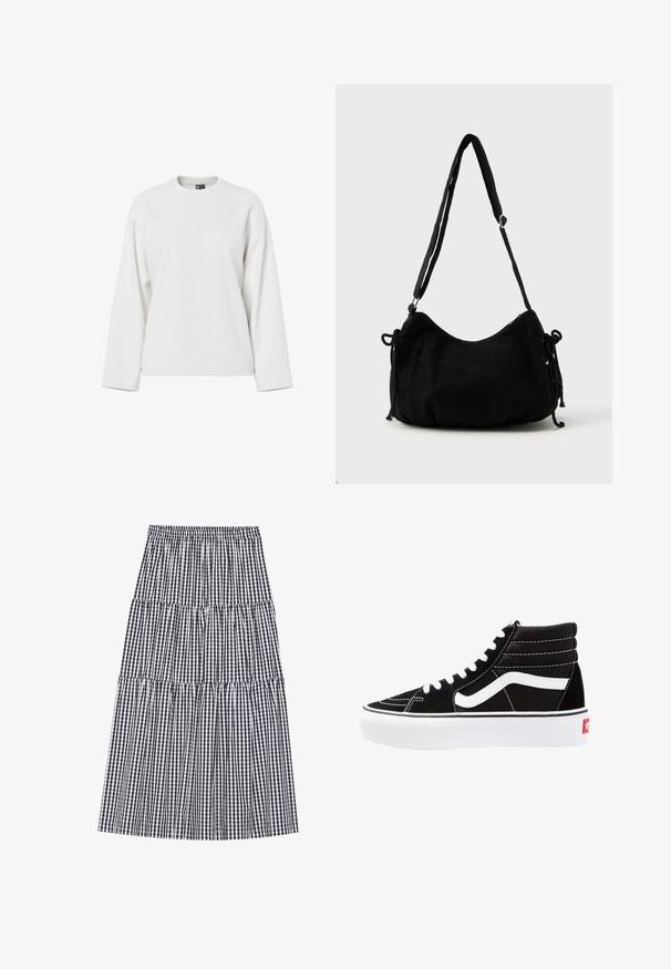 Sweatshirt blanc à manches longues avec un col rond, coupe décontractée et texture douce. Aucun motif visible ni détail matériel.; Jupe à volants en vichy noir et blanc avec une taille élastique. Elle présente plusieurs volants et une silhouette fluide.; Baskets montantes noires avec des lacets blancs, un logo blanc et des coutures blanches contrastées. Dotées d'une épaisse semelle blanche et d'un dessus en daim texturé.; Sac à épaule en velours côtelé noir avec une forme courbée, bandoulière réglable et fermetures à cordon des deux côtés pour un ajustement de taille.