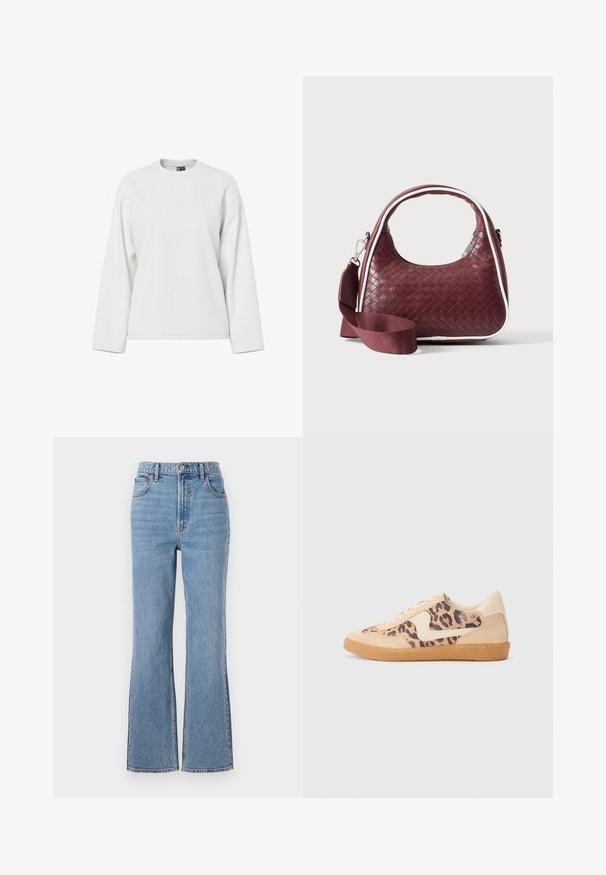 Hvid langærmet sweatshirt med rund halsudskæring, afslappet pasform og blød tekstur. Ingen synlige mønstre eller hardware-detaljer.; Abercrombie & Fitch FRONT TO BACK TONAL STRAIGHT - Jeans Relaxed Fit - blue denim; Leopardprint sneakers med beige ruskindsoverdel, tan gummisål og hvide detaljer. Rund pegefinger og snørebåndsdesign med en tekstureret finish.; Mørkerød vævet lædertaske med buet hank, hvid kant, sølv lynlås og aftagelig bred stofskulderrem mod en ensfarvet baggrund.