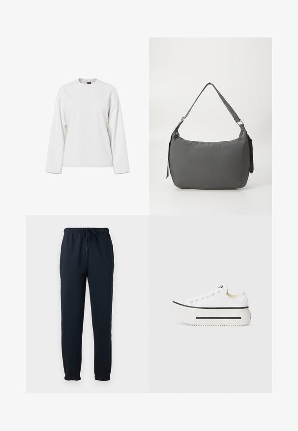 Weißes Sweatshirt mit langen Ärmeln, runder Ausschnitt, lockerer Passform und weicher Textur. Keine sichtbaren Muster oder Hardware-Details.; Schwarze Jogginghose mit elastischem Bund, Kordelzug, Seitentaschen und elastischen Bündchen an den Knöcheln.; Weiße Canvas-Plattform-Sneaker mit schwarzer Gummisohle, runder Zehenkappe und Metallösen, die ein einfaches, klares Design aufweisen.; Grau gepolsterte Schultertasche mit einer geschwungenen Form, glatter Textur, verstellbarem Träger und einem dezent prägierten Logo auf der Vorderseite.