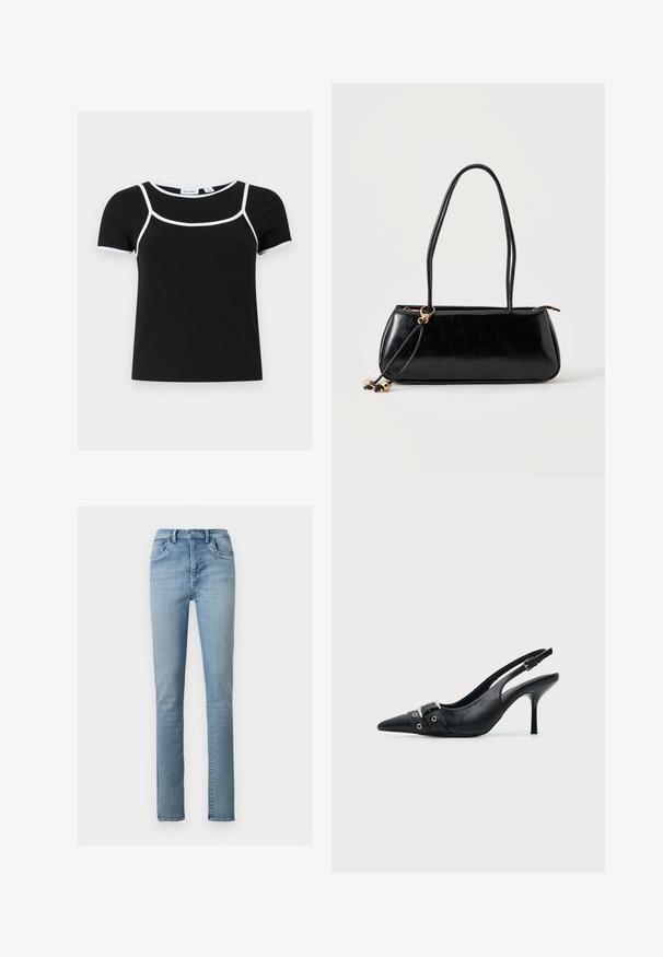 Μαύρο κοντομάνικο crop top με λευκή περίγραμμα που τονίζει το ντεκολτέ, την περιοχή του στήθους και τις άκρες των μανικιών, τοποθετημένο επίπεδα σε ανοιχτό φόντο.; Φωτεινό γαλάζιο τζιν παντελόνι με ίσια γραμμή, μπροστινές τσέπες, κούμπωμα με κουμπί και θηλιές για ζώνη, πάνω σε απλό λευκό φόντο.; Μαύρο δερμάτινο γυναίκειο παπούτσι με ψηλό τακούνι, μυτερή μύτη, λουράκι με αγκράφα και λεπτομέρεια με τρύπες μπροστά.; Μαύρη ορθογώνια τσάντα με δύο μακριές λωρίδες, λεπτομέρεια με χρυσό κρίκο και φερμουάρ σε απλό ανοιχτό φόντο.