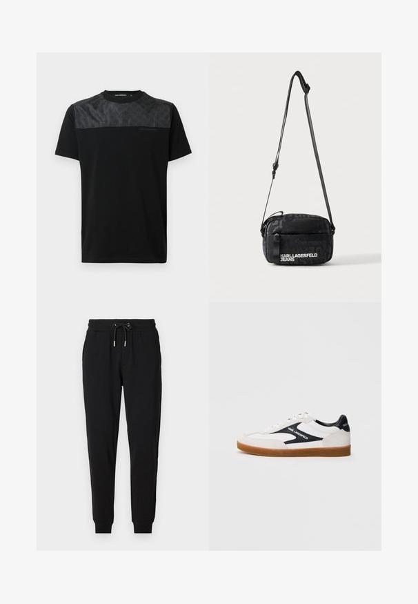 Camiseta negra de manga corta con un panel gris texturizado en la parte superior frontal, logo detallado y cuello redondo.; Pantalones deportivos negros con cintura elástica, cordón ajustable, bolsillos laterales y piernas ajustadas. Fabricados con un tejido suave y elástico.; Zapatilla blanca con acentos negros, materiales de ante y cuero, puntera reforzada, suela de goma, con el logotipo "Karl Lagerfeld" en el lateral.; Bolso negro de bandolera con asa ajustable y logo blanco de Karl Lagerfeld Jeans en el bolsillo delantero sobre fondo claro.