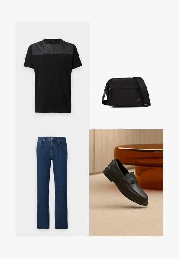 Camiseta negra de manga corta con un panel gris texturizado en la parte superior frontal, logo detallado y cuello redondo.; Jeans de denim azul oscuro con corte recto, que cuentan con un cierre frontal de botón, presillas para cinturón y un diseño de bolsillo estándar.; Zapato negro de cuero sin cordones con detalles cosidos, cuello elevado y suela de goma plana, situado sobre una superficie beige suave.; Bolso cruzado rectangular negro con bolsillo frontal con cremallera, correa de hombro ajustable con marca y pequeño emblema con logo lateral.