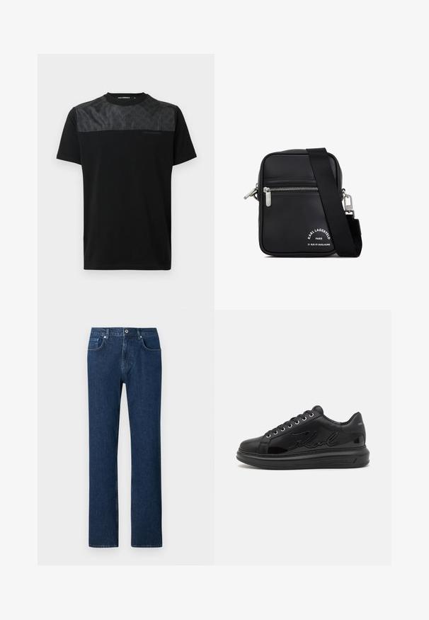 Camiseta negra de manga corta con un panel gris texturizado en la parte superior frontal, logo detallado y cuello redondo.; Jeans de denim azul oscuro con corte recto, que cuentan con un cierre frontal de botón, presillas para cinturón y un diseño de bolsillo estándar.; Zapatilla negra de cuero con una textura suave, que presenta un logotipo en relieve prominente en el lateral y una suela gruesa y estriada.; Bolso cruzado de piel negra con herrajes de plata, un compartimento con cremallera, una superficie texturizada y una marca blanca prominente en el frente.