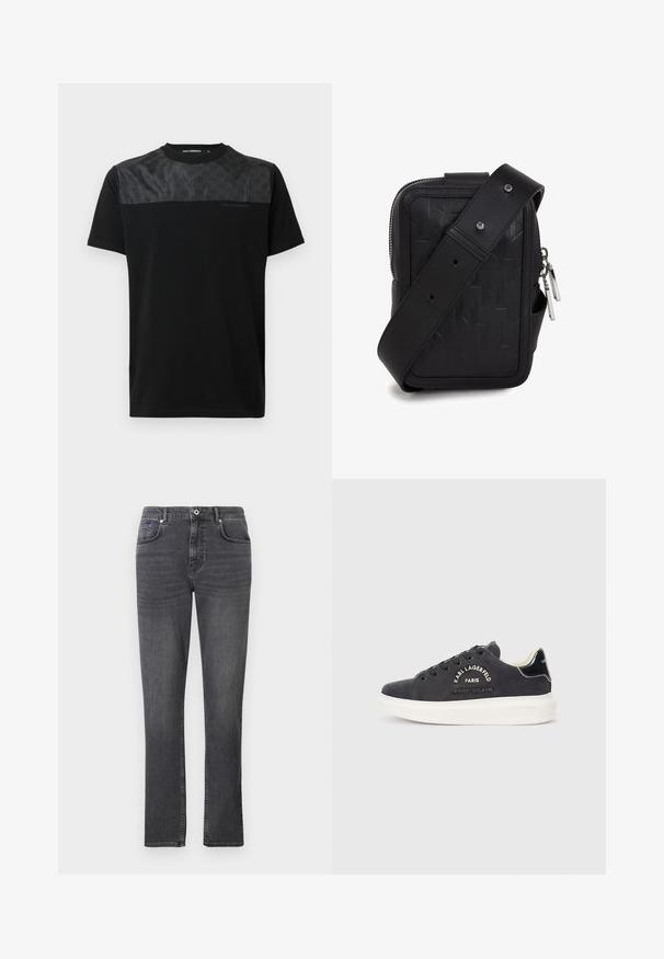 Zwart T-shirt met korte mouwen, voorzien van een getextureerde grijze paneel aan de bovenkant voor, met een gedetailleerd logo en een ronde hals.; Grijze denim jeans met een recht gesneden ontwerp, vijf zakken en subtiele stikdetails. De stof heeft een soepele textuur.; Donkergrijze suède sneakers met witte rubberen zolen, voorzien van decoratieve stiksels en een logo aan de zijkant. Glad zwarte accenten op de hiel.; Zwarte leren crossbody tas met geometrisch reliëfpatroon, zilveren rits en verstelbare schouderband. Beschikt over een strakke rechthoekige vorm.