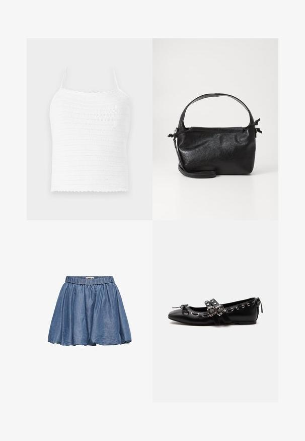 Witte gehaakte crop top met verstelbare bandjes, voorzien van een gestructureerd patroon en een golfrand. Lichtgewicht en ademende stof.; Denim rok met een elastische tailleband, uitlopende ontwerp en een lichtblauwe kleur. Heeft een zachte textuur en geplooide stof.; Zwarte platte balletschoen met dubbele gespsluitingen, zilveren oogjes en een klein strikje nabij de afgeronde neus op een witte achtergrond.; Zwarte leren handtas met een gestructureerd ontwerp, een ronde bovenhandgreep en een afneembare schouderriem. Beschikt over een gladde textuur en een subtiele glans.