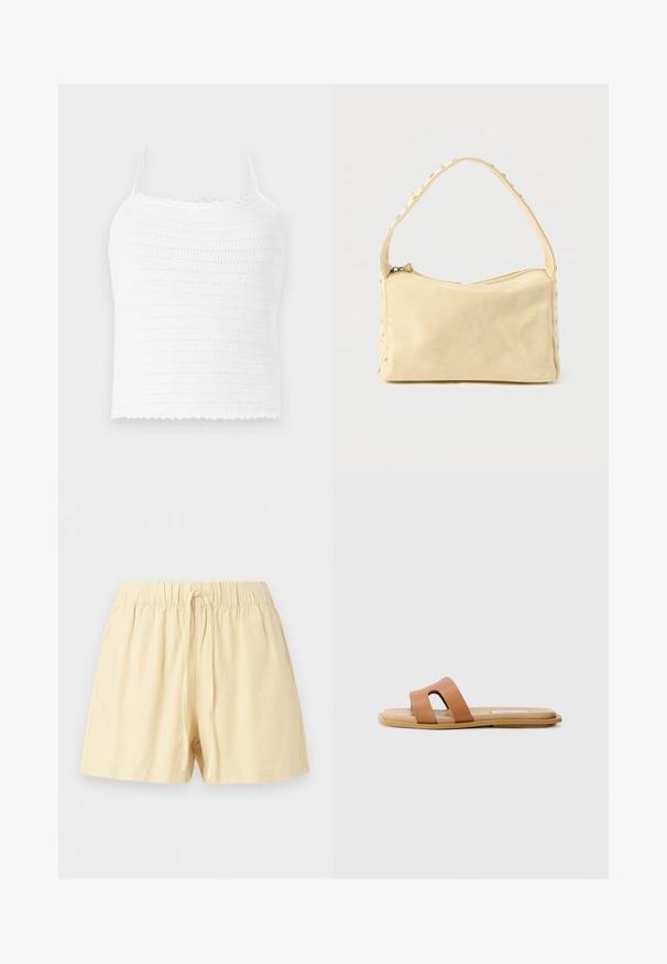 Top court en crochet blanc avec bretelles ajustables, doté d'un motif texturé et d'un ourlet festonné. Tissu léger et respirant.; Shorts beige en coton avec taille élastique et cordon à l'avant, conçus pour un usage décontracté.; Sandale glissante marron avec deux larges bretelles, semelle plate et texture lisse. Le coussin est beige avec une apparence rembourrée.; Petit sac à main en cuir beige avec une seule bandoulière et des clous argentés le long des bords et de la bandoulière, posé sur un fond uni.