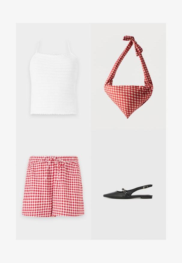 Top court en crochet blanc avec bretelles ajustables, doté d'un motif texturé et d'un ourlet festonné. Tissu léger et respirant.; Shorts à carreaux rouges et blancs avec une taille élastique et un cordon de serrage. Présentent une coupe décontractée et des bords ourlés. Le tissu semble léger.; Chaussures slingback en cuir noir avec un bout pointu, comprenant une lanière étroite et un accent de boucle argentée sur le côté. Semelle plate.; Sac d'épaule en tissu doux à motif à carreaux rouges et blancs, poignée nouée et forme triangulaire sur un fond uni.