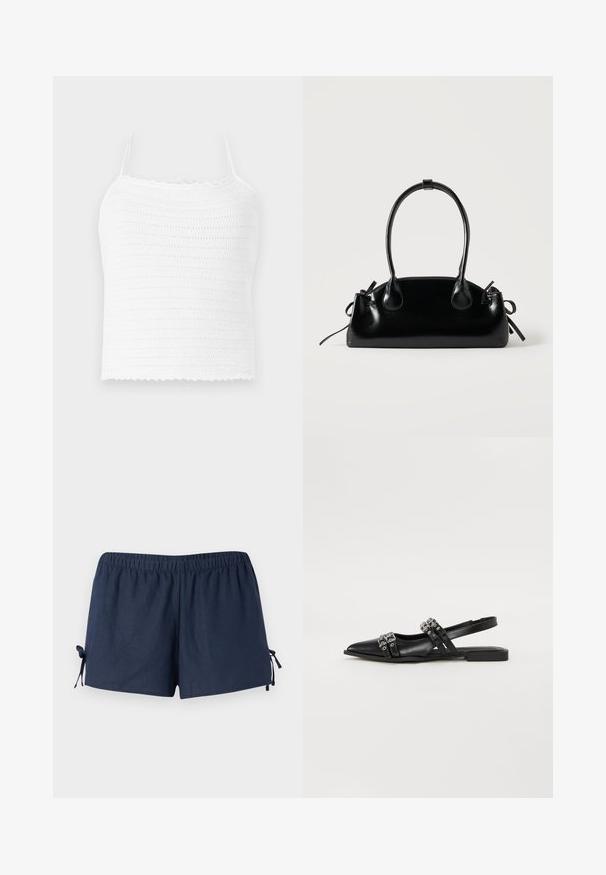 Weißes Häkel-Crop-Top mit verstellbaren Trägern, das ein strukturiertes Muster und einen gewellten Saum aufweist. Leichter und atmungsaktiver Stoff.; Marineblaue Shorts mit einem elastischen Bund und verstellbaren Bändern an den Seiten. Der Stoff wirkt glatt mit einem leichten Glanz. Lockerer Schnitt, oberhalb des Knies.; Even&Odd by Zalando Sling-Ballerina - black; Kleine schwarze glänzende Handtasche mit zwei langen Griffen und seitlichen Kordelzug-Details vor einfachem hellem Hintergrund.