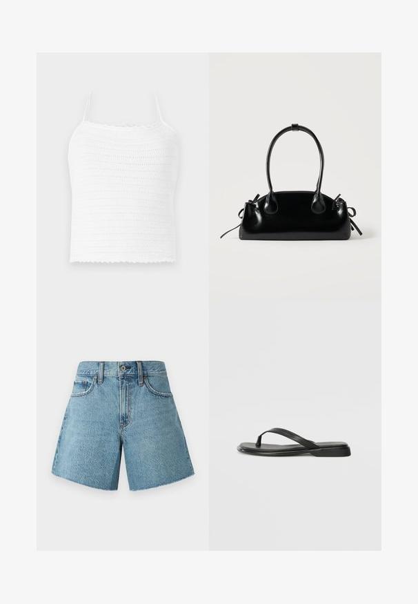 Hvid hæklede crop top med justerbare stropper, med et struktureret mønster og bølget kant. Let og åndbart stof.; Denim shorts i lys blå, med høj talje, fem lommer og rå kant. Fremstillet af tekstureret bomuldsstof med et klassisk design.; Sorte flip-flops lavet af glat læder, med et tyndt remdesign og en flad sål med et minimalt profil. Ingen bemærkelsesværdige mønstre eller accenter.; Lille sort blank håndtaske med to lange håndtag og snøre-detaljer i siden på en ensfarvet lys baggrund.