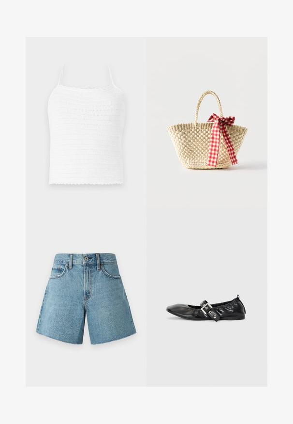 Hvid hæklede crop top med justerbare stropper, med et struktureret mønster og bølget kant. Let og åndbart stof.; Denim shorts i lys blå, med høj talje, fem lommer og rå kant. Fremstillet af tekstureret bomuldsstof med et klassisk design.; Sorte læder flade sko med spids tå, samling detaljer omkring åbningen, og en sølv spænde accent på den justerbare rem.; Flettet stråtaske med fletninger til håndtagene og et rødt og hvidternet bånd bundet som en sløjfe på den ene side.
