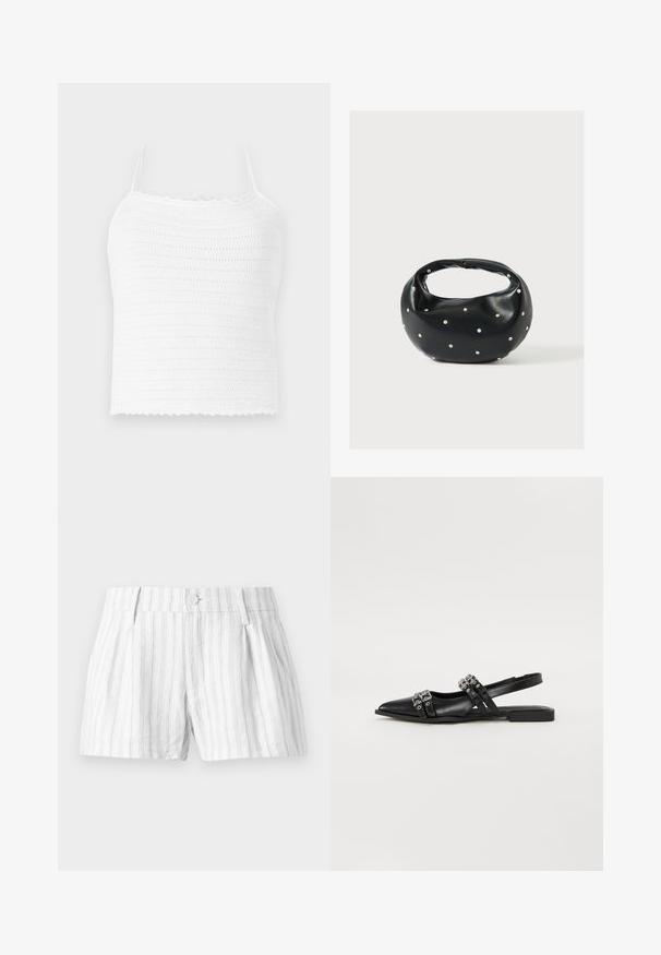 Witte gehaakte crop top met verstelbare bandjes, voorzien van een gestructureerd patroon en een golfrand. Lichtgewicht en ademende stof.; Witte katoenen shorts met lichtgrijze verticale strepen, voorzien van een knoopsluiting, plooien en zijzakken. Eenvoudig en casual ontwerp.; Even&Odd by Zalando Slingback ballerina´s - black; Zwarte leren handtas met een afgeronde vorm, versierd met zilveren studs, en een korte handgreep. Gladde textuur en ritsluiting.