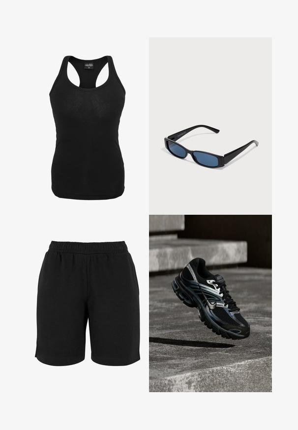 Sort tanktop lavet af blødt stof, med racerback-design og tætsiddende form. Glat overflade uden synlige mønstre eller hardware.; Sorte bomulds shorts med elastisk talje, der har en glat tekstur og en simpel pasform. Ingen lommer eller udsmykninger er synlige.; Sort og sølv Nike løbesko svævende over betontrappe, viser detaljeret design og tekstureret sål i udendørs omgivelser.; Sorte solbriller med en slank rektangulær ramme og blå linser. Har en glat overflade og robuste stænger. Mærkets logo på siden.