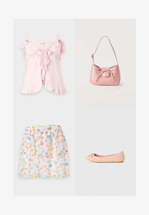 Haut sans manches rose clair avec bords à volants, fines bretelles réglables, fermeture nouée devant et détails froncés sous la poitrine.; Jupe à volants blanche avec imprimé floral, présentant des fleurs pastel et des accents verts. Fabriquée en tissu léger, avec une taille froncée.; Ballerine en matériau synthétique rose clair avec un bout arrondi, ornée d'un petit nœud et d'une semelle flexible.; Petit sac bandoulière rose pastel avec sangle réglable et détail nœud à l'avant avec extrémités dorées sur un fond uni.