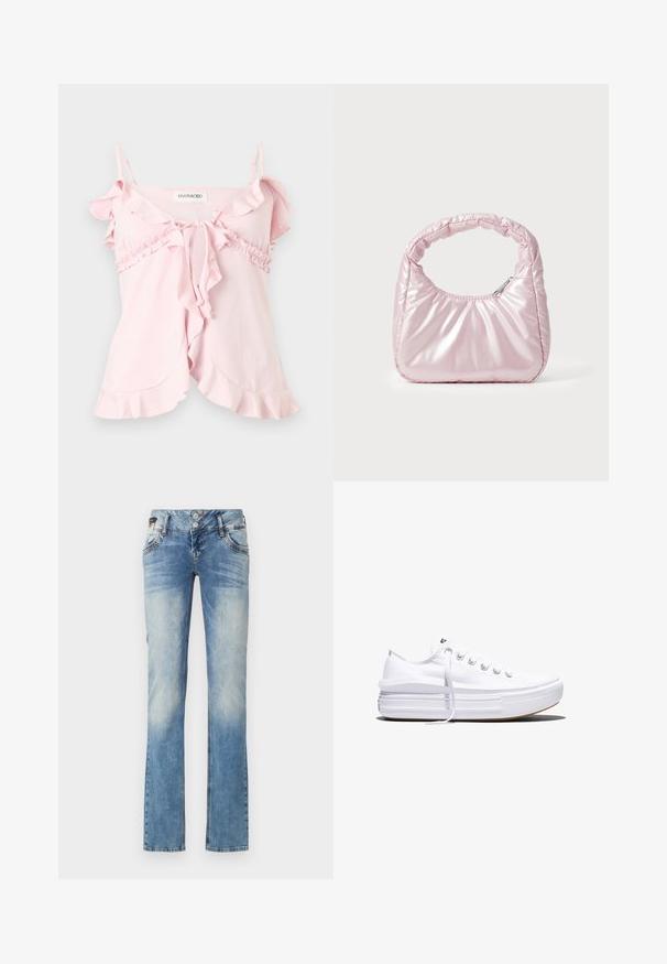 Lichtroze mouwloze top met gerafelde randen, verstelbare dunne bandjes, striksluiting aan de voorkant en geplooide details onder de buste.; Lichtblauwe denim jeans met een rechte pijp, voorzien van een vijfknopen sluiting, voorzakken en subtiele vervagingdetails.; Witte lage canvas sneaker met dikke plateauzool, veters aan de voorkant en rubberen toeskap met structuur, zijaanzicht.; Roze, gevoerde handtas met een afgeronde vorm, gemaakt van glanzend materiaal. Beschikt over een geplooide handgreep en een ritssluiting voor veilige toegang.