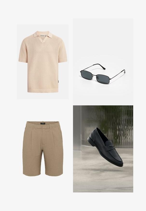 Beige Strick-Poloshirt mit kurzen Ärmeln, strukturiertem Waffelmuster, gerippten Bündchen und Saum sowie kleinem Kragen mit V-Ausschnitt.; Beige Shorts aus strukturiertem Stoff mit einer zerknitterten Oberfläche, einem elastischen Bund und zwei vorderen Falten.; Schwarzer Lederloafer mit glatter Oberfläche, spitzer Zehenpartie und gestickten Details über dem Spann. Niedriger Absatz und minimalistisches Design.; Schwarze rechteckige Sonnenbrille mit dünnem Metallrahmen und dunklen Gläsern, die auf einer weißen Oberfläche liegt.