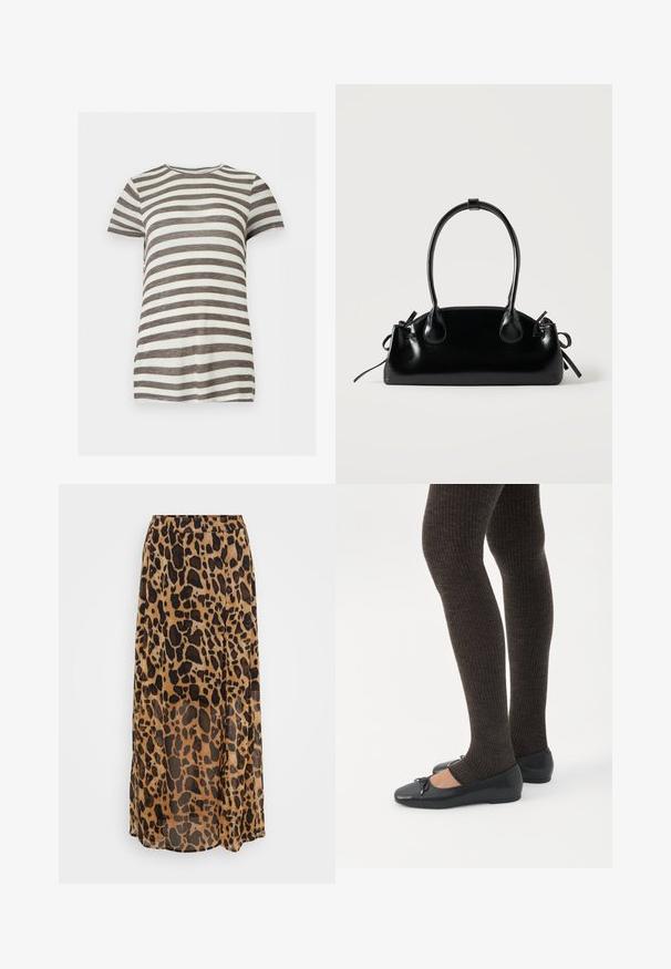 Kortærmet T-shirt med rund hals med horisontale brune og hvide striber, vist mod en ensartet lys baggrund.; Maxi nederdel i leopardmønster i nuancer af brun og sort, lavet af letvægtsstof med et flydende design og elastisk talje.; Ben iført mørke ribbede leggings kombineret med sorte balletsko med små sløjfedetaljer på hvid baggrund.; Lille sort blank håndtaske med to lange håndtag og snøre-detaljer i siden på en ensfarvet lys baggrund.