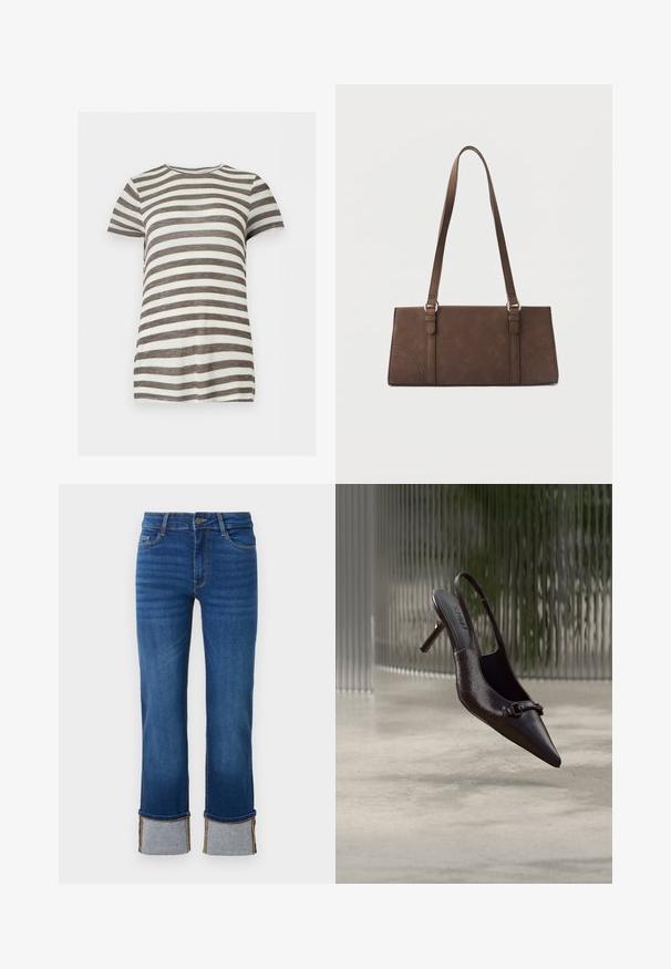 Kortærmet T-shirt med rund hals med horisontale brune og hvide striber, vist mod en ensartet lys baggrund.; Blå denimjeans med lige ben, der har opkrøllede manchetter i lys grå. Mellemhøj talje og traditionelt fem-lomme design.; Blank sort spids røvhælssandal med lille dekorativ spænde, svævende over en beton gulv med en tekstureret glas baggrund.; Brun rektangulær skuldertaske med lange stropper og minimale syningsdetaljer på en ensfarvet baggrund.