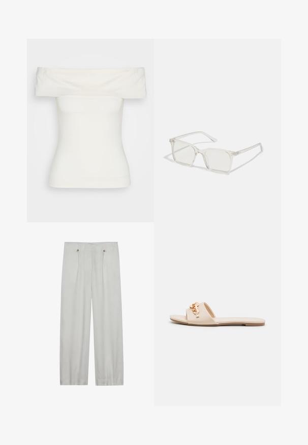 Hvid off-the-shoulder top lavet af strækbart stof, tætsiddende design, glat tekstur med bred halsudskæring og korte ærmer. Ingen mønstre eller accenter.; Lys grå, vid benbukser lavet af et blødt stof. Har to frontfolder, to knaplukninger og en glat tekstur.; Beige slidesandaletter med åben tå, flad sål og dekorative metallkædeaccenter på stroppen. Glat materiale med minimal tekstur.; Klare plastiske briller med firkantet ramme og gennemsigtige linser, der har guld accenter på tempelstængerne for ekstra detaljer.